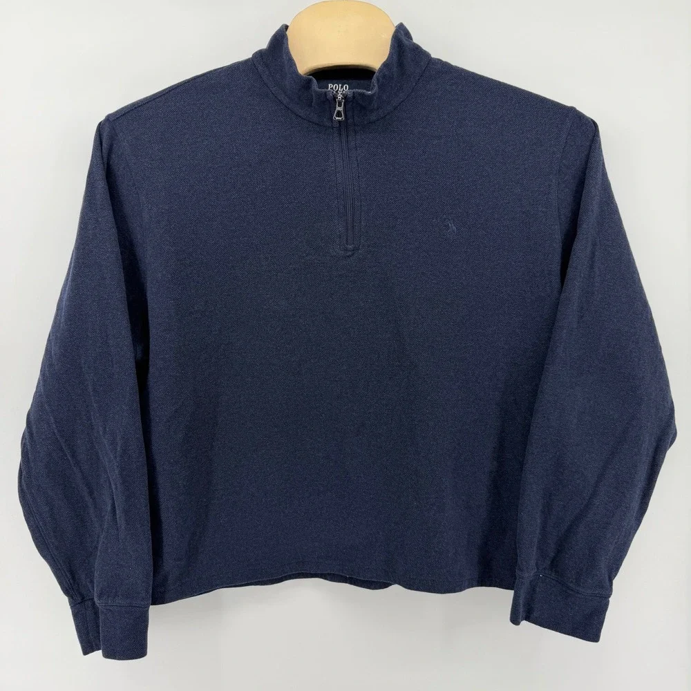 Polo Ralph Lauren Pullover Mens XXL Navy Blue Herringbone Quarter Zip Mock Neck‎